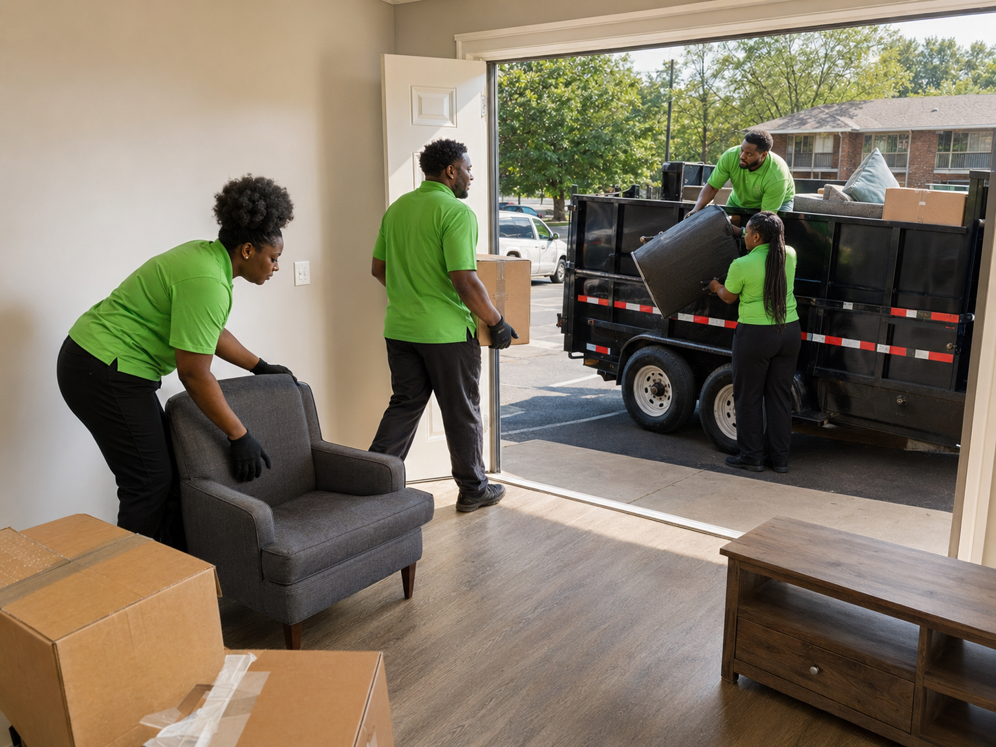 Professional apartment cleanout crew at work