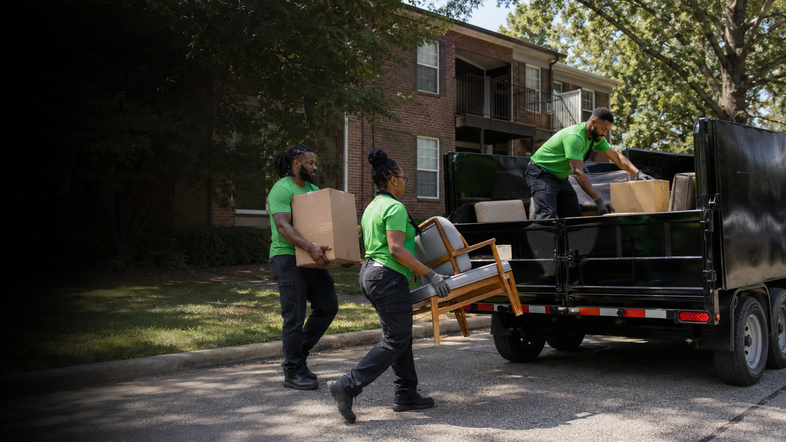 Professional junk removal crew loading furniture into a dump trailer